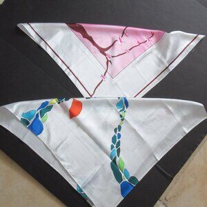 New Hanae Mori Square Scarves Lot of 2 Japanese Vibe Satin Fabric, 21" x 22"